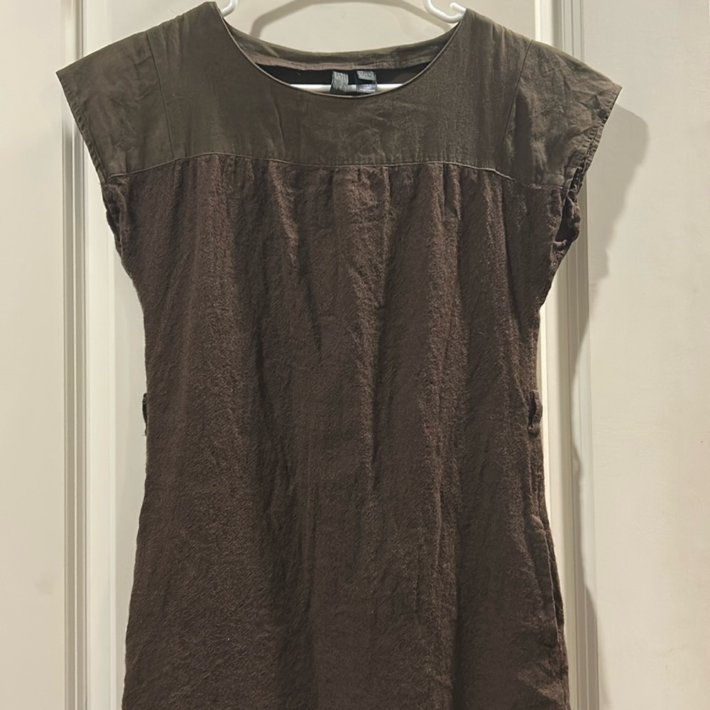 Mango MNG Wool blend gauzy mini Dress lined cap sleeves pockets size XS brown